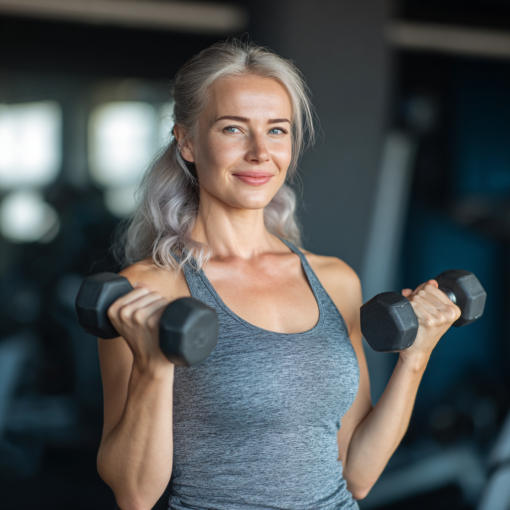 Smiling middle-aged Ukrainian woman in comfortable fitness attire performing gentle stretching exercises in a bright, modern gym environment
