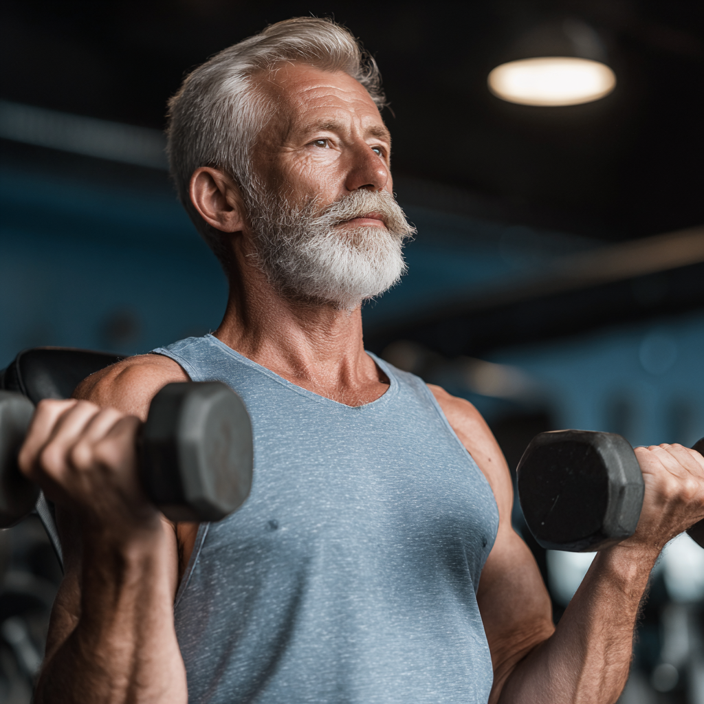 Active senior Ukrainian man with grey hair and beard performing strength training exercises with light weights in a well-equipped fitness center, showing determination and vitality